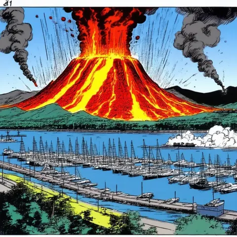 Volcano Erupting Beside a Bustling Marina