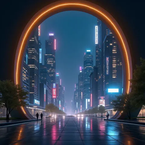 Golden Arch Framing a Neon Future City