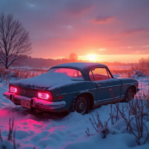 Neon Glazed Car in Sunset Snowfield