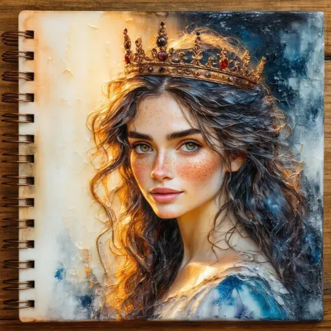 Encaustic Crowned Woman With Wavy Hair