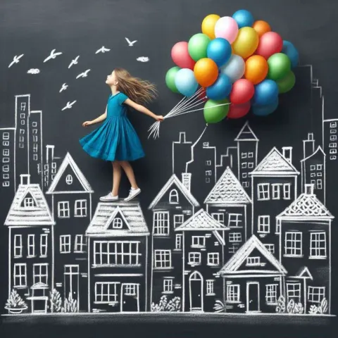 Girl in Blue Dress with Balloons