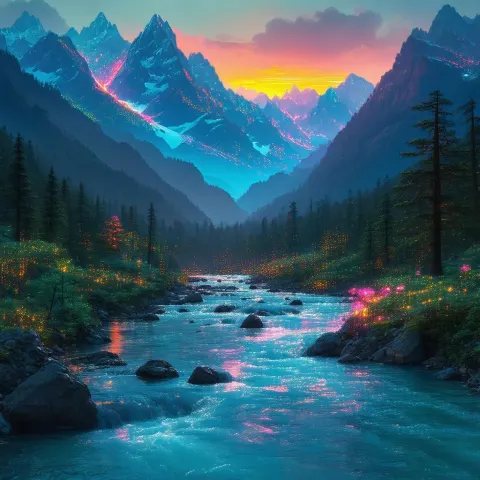 Neon Mountains Under a Vaporwave Sunset