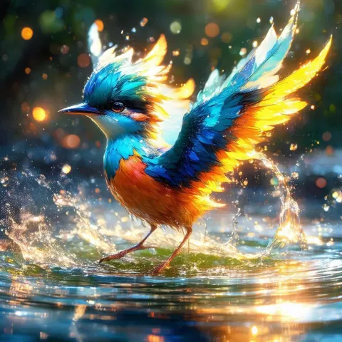 Vibrant Anime Bird Mirrored in Fountain
