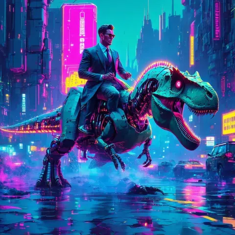 Businessman Riding a Neon Drenched Dinosaur