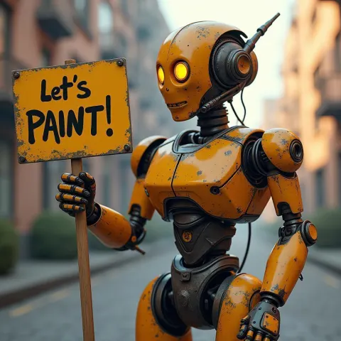 Golden Hour Robot With Painting Sign