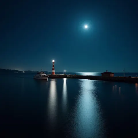 Night Lighthouse Boat and Pier Study