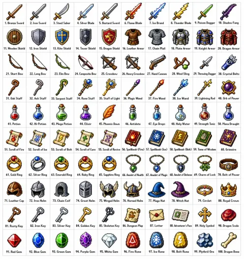 Pixel Art Grid of 100 Fantasy RPG Items