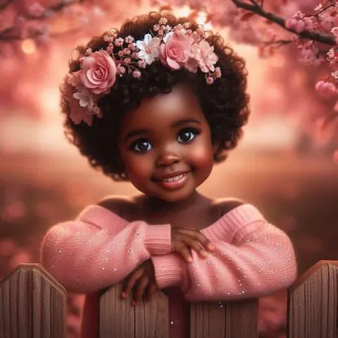 Smiling African Girl Cherry Blossoms Scene