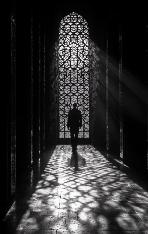Silhouette at night intricate window