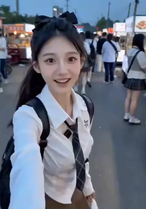 18-Year-Old Girl in White School Uniform at Night Market, POV Snack Interaction