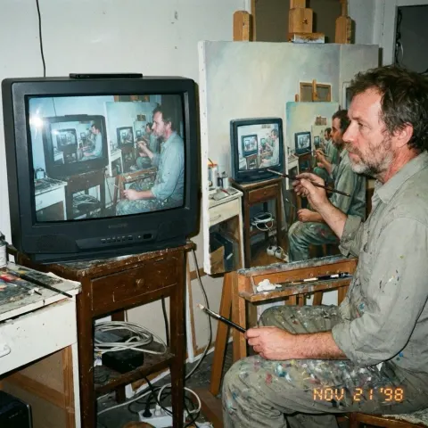 1998 Amateur Photograph of a Middle-Aged Artist Copying Image to Oil Painting
