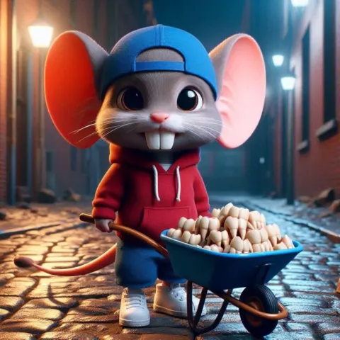 Chibi anthropomorphic mouse pushing wheelbarrow of teeth