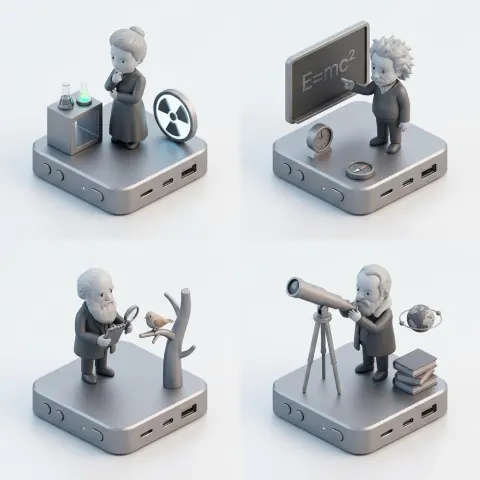 2x2 grid of famous scientists in unique 3D model style