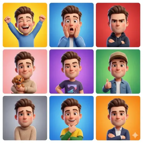 3D Cartoon Avatar Emotions Grid