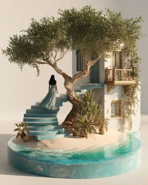 3D Hyperrealistic Woman Walking Up Curved Staircase to Moon
