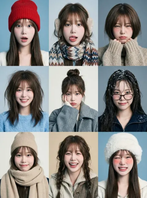 3x3 Grid of Playful Winter Portraits