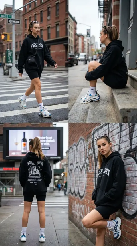 4-Panel Fashion Lifestyle Collage Featuring Young Woman in Trendy Streetwear