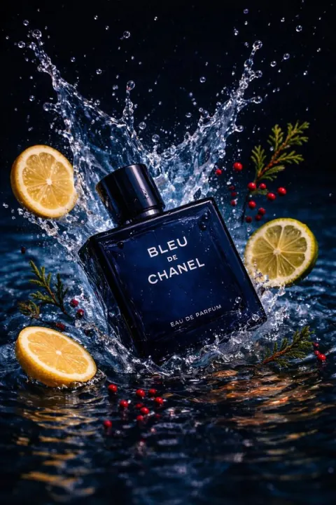 8K Cinematic Product Photography of Forest Green and Blue Water Splash Perfume