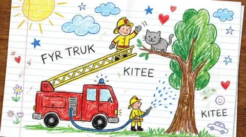A cheerful 6-year-old's drawing on white notebook paper