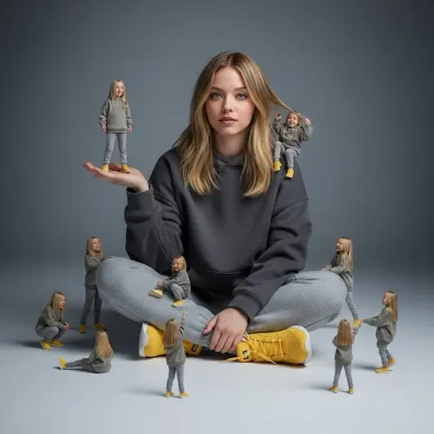 A Creative Surreal Image of a Woman with Miniature Versions of Herself