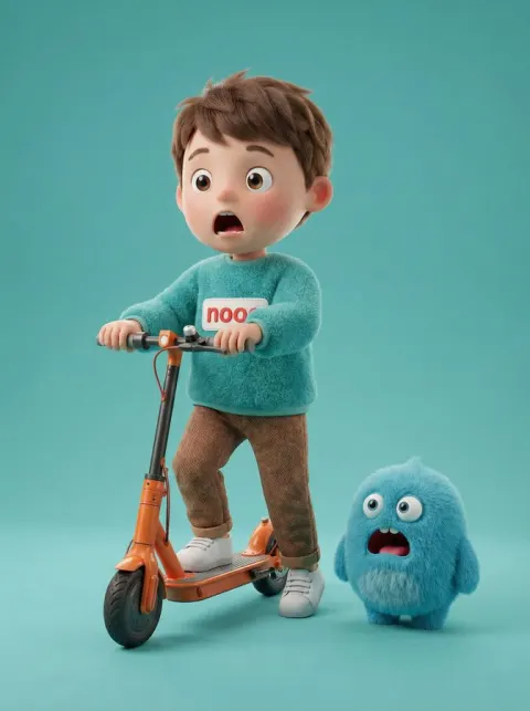 A cute young boy riding an orange electric scooter next to a small furry blue monster