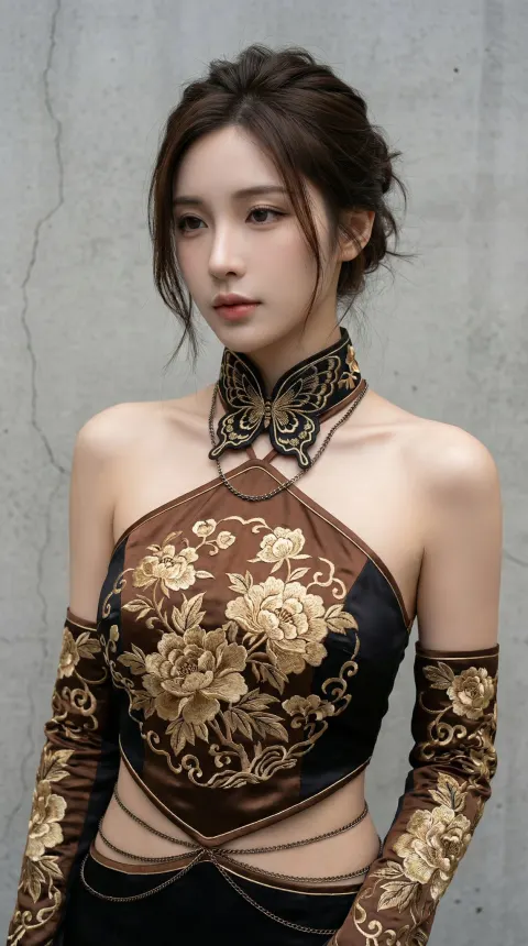 A highly elegant young East Asian female portrait with refined and cool facial features, smooth deep brown hai