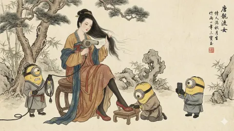 A Humorous Fusion Painting of a Tang Dynasty Noblewoman and Minions