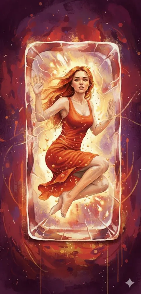 A hyper-detailed surreal watercolor-style digital painting of a young woman trapped in ice