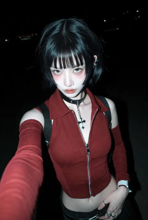 A Photorealistic Closeup Selfie of a Young Asian Woman with Cool, Edgy Aesthetic