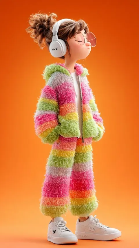A stylized 3D cartoon character standing confidently against a solid orange background, wearing a fluffy rainb