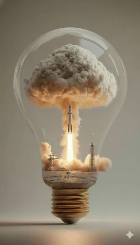 A Surreal Dreamlike Scene Inside a Large Transparent Glass Lightbulb