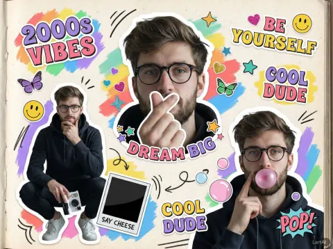 A vibrant 2000s scrapbook-style collage featuring multiple cutout poses of a young man