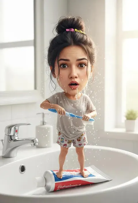 A whimsical, ultra-detailed 3D illustration of a cute toddler girl with an oversized head and big expressive e