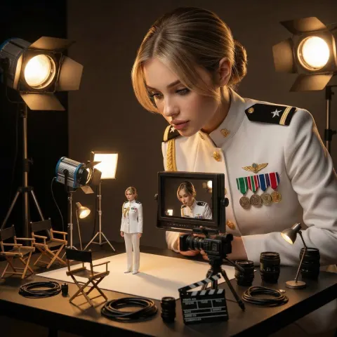 A woman supervising a miniature behind-the-scenes film set starring her tiny self in an ultra-realistic cinema