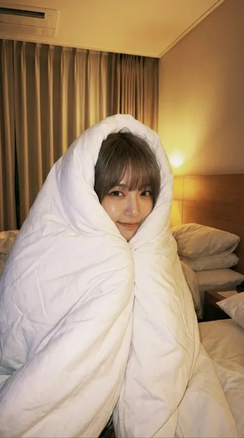 A young Asian woman wrapped in a white duvet, face peeking out, cozy candid selfie style