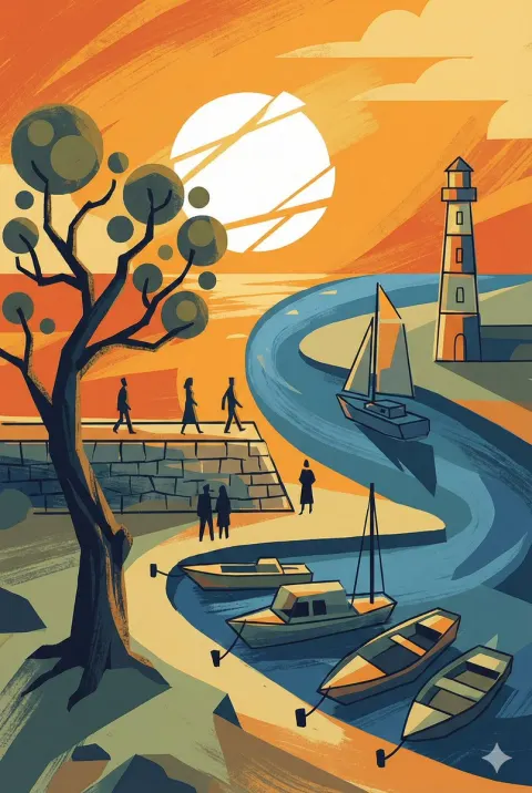 Abstract Lighthouse and Sailboat on River