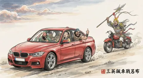 Ancient and Modern Mix Humorous Ink Painting: 'The Three Brothers Race Against Lü Bu'