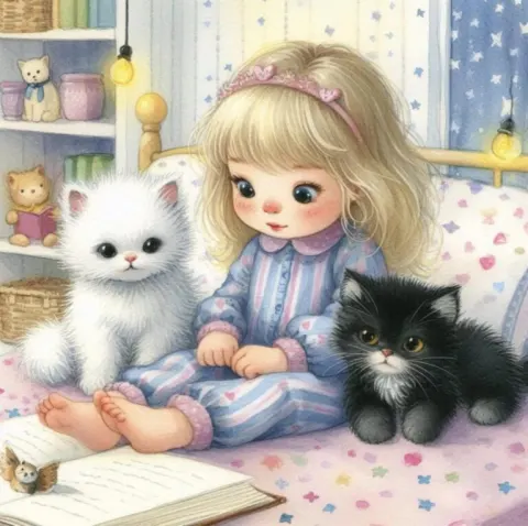 Little girl reading in bedroom with cats