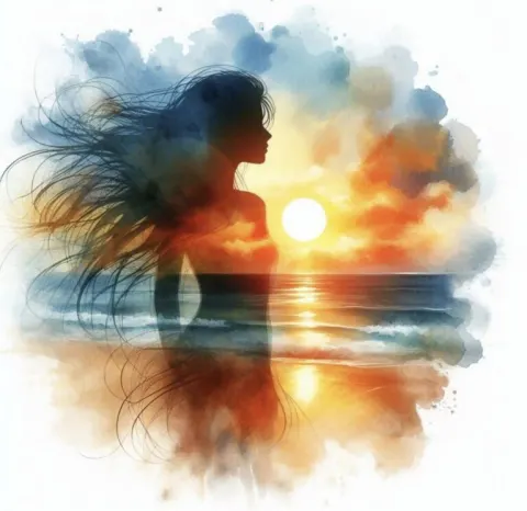 Sunset beach silhouette with flowing hair