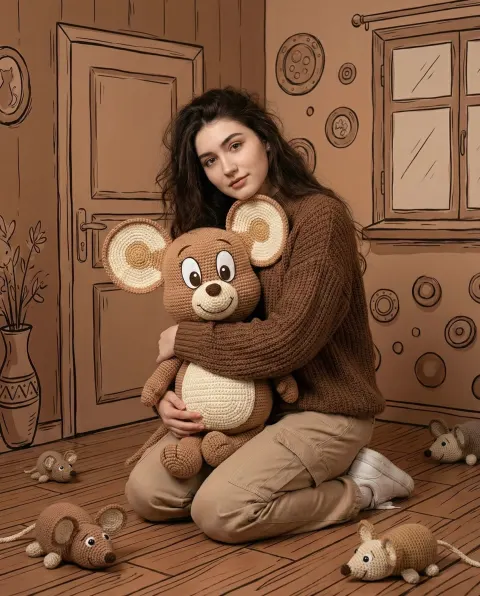 Beautiful Young Woman Kneeling in a Cartoon-Style Monochrome Brown Room