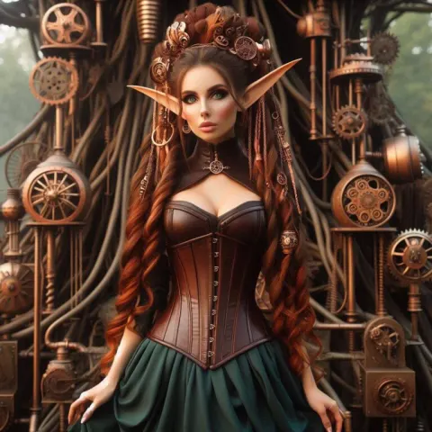 Stunning female steampunk elf in forest