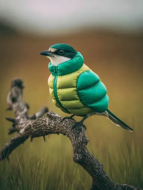 Bird in Inflatable Down Jacket on a Dry Tree Branch with Blurred Green Grassland Background