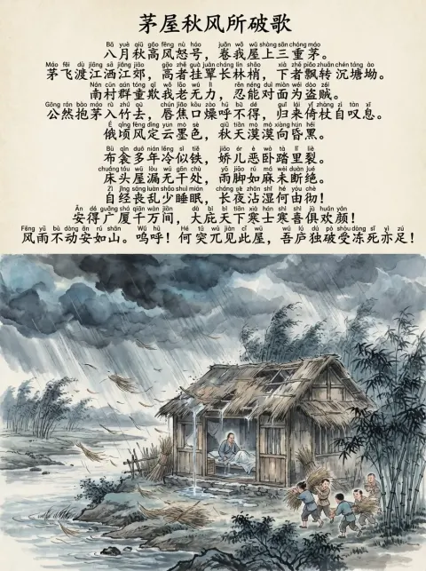 Calligraphy and Ink Painting of 'The Song of the Autumn Wind Breaking the thatched Roof of My Cottage' with Pi