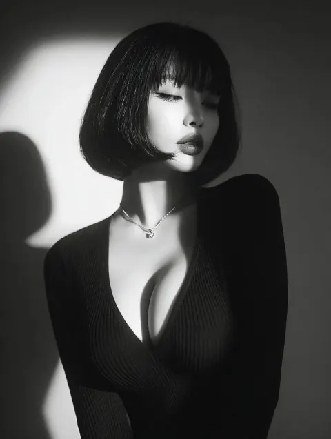 Captivating Black and White Portrait of a Young Asian Woman, Serene Expression, Mysterious Atmosphere