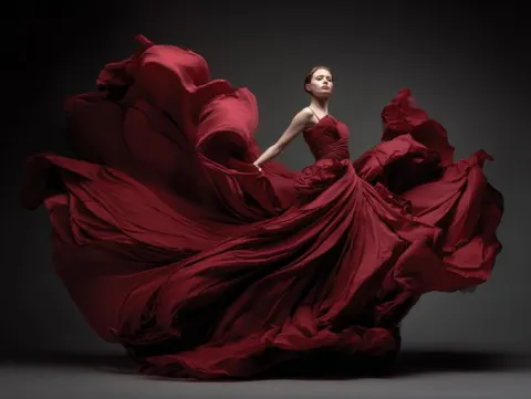 Capturing mid-movement garment with flowing fabric, frozen elegance, studio wind effect, dynamic draping revea
