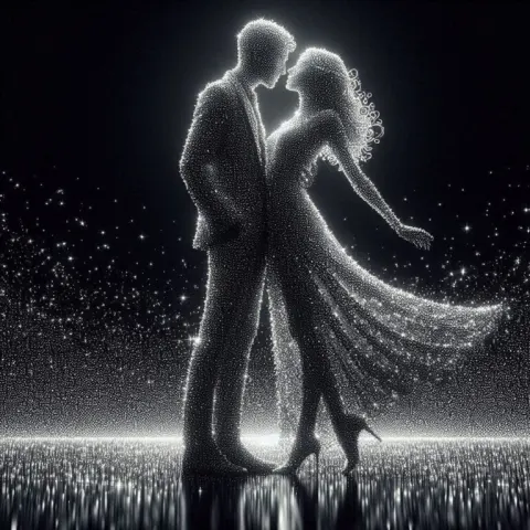 Couple silhouette of sparkles on black background