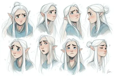 Character sheet sketch with multiple angles and expressive faces