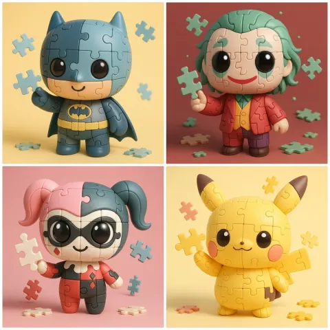Chibi-style [CHARACTER NAME] reimagined as a Puzzle Toy character, ultra-cute proportions with oversized head 