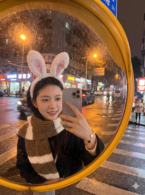 Chinese Idol Girl Mirror Selfie at Night Intersection