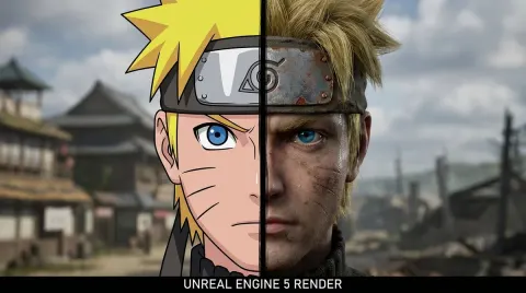 Cinematic 16:9 Wide Shot of Naruto Uzumaki's Headshot with Split Art Styles